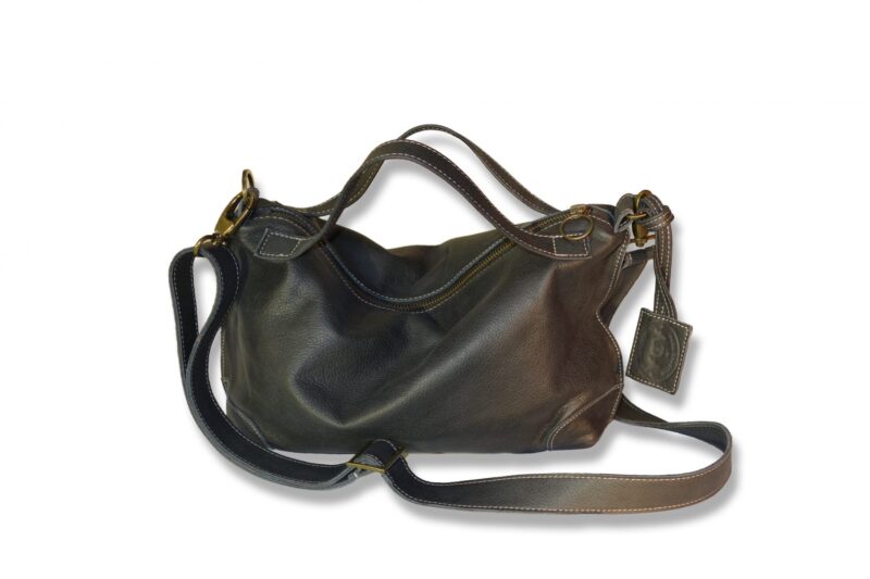 תיק צד קטן מעור מעוצב כמזוודה וינטג' - שחור/אפור מט