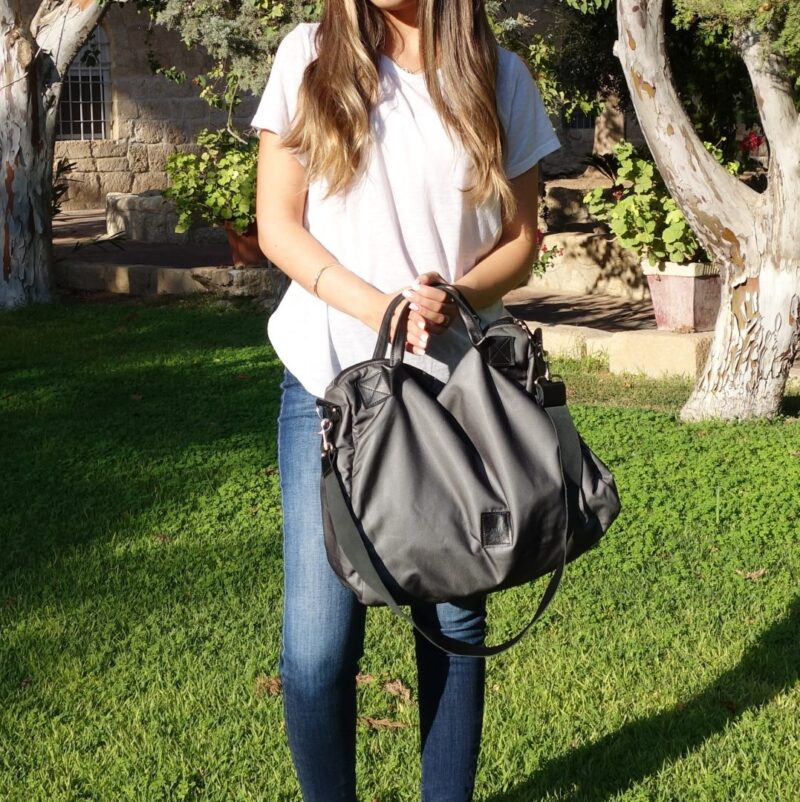 תיק מזוודה גדול בצבע אפור - שילוב בד ועור