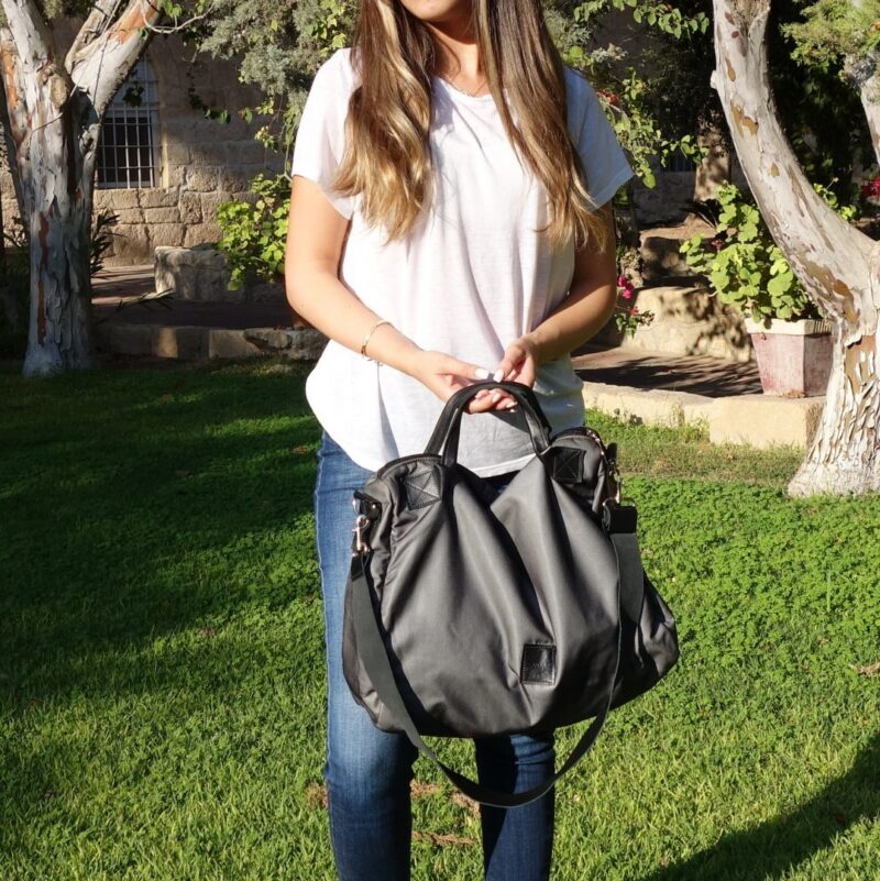 תיק מזוודה גדול בצבע אפור - שילוב בד ועור