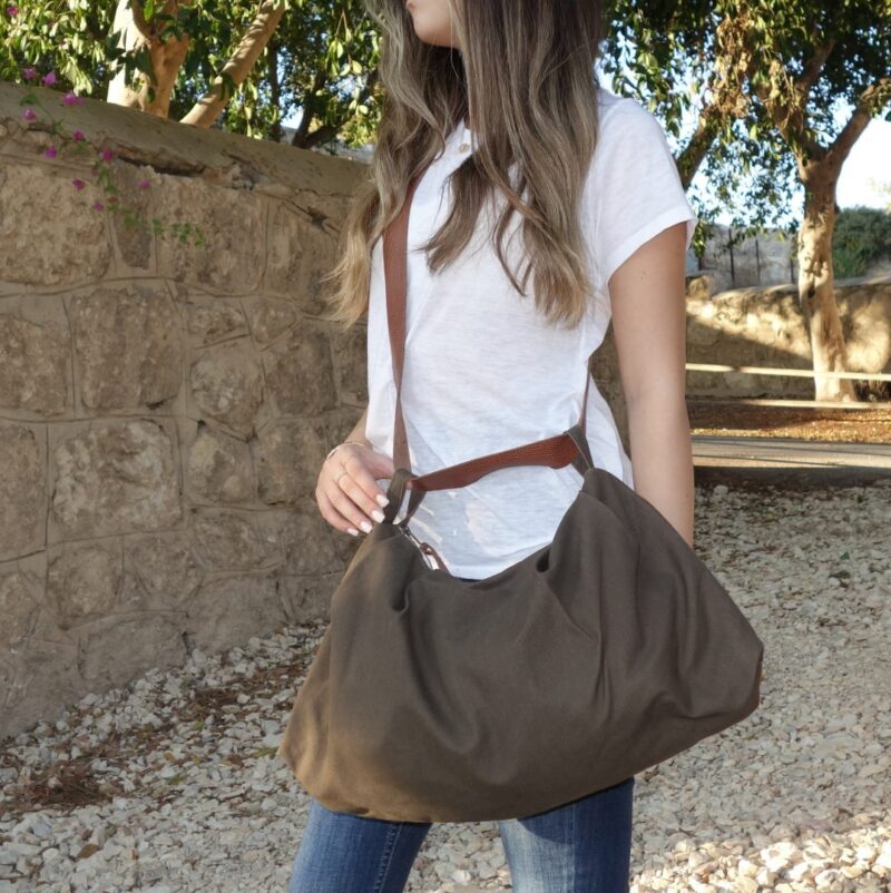 ⁦תיק קפלים משילוב בד ועור⁩ – תמונה ⁦6⁩